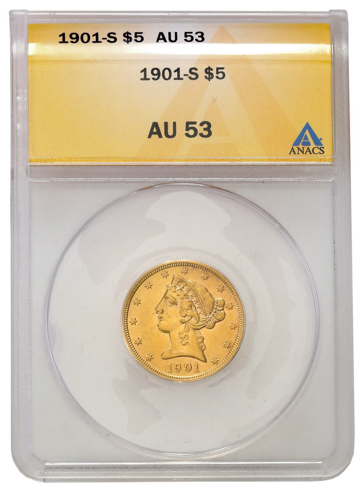 USA. Złote 5 dolarów 1901 S , San Francisco ANACS Au53